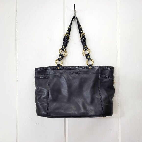 Coach Black Leather Tote Handbag With Gold Hardware & Blue Lining - Picture 1 of 9